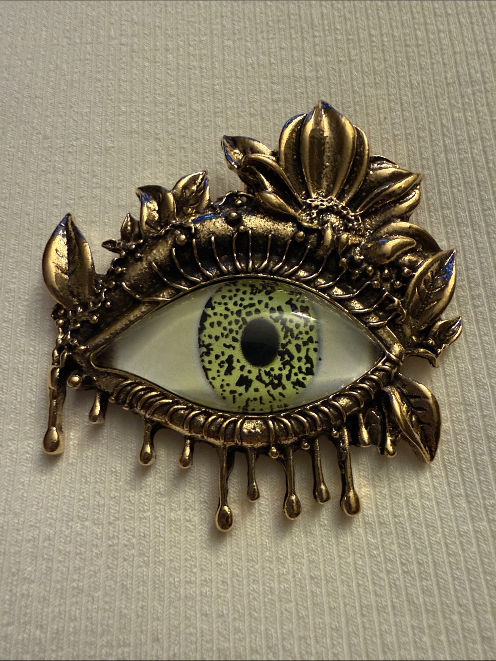 Antique Gold Floral Eye Accent with Green Iris Brooch Pendant